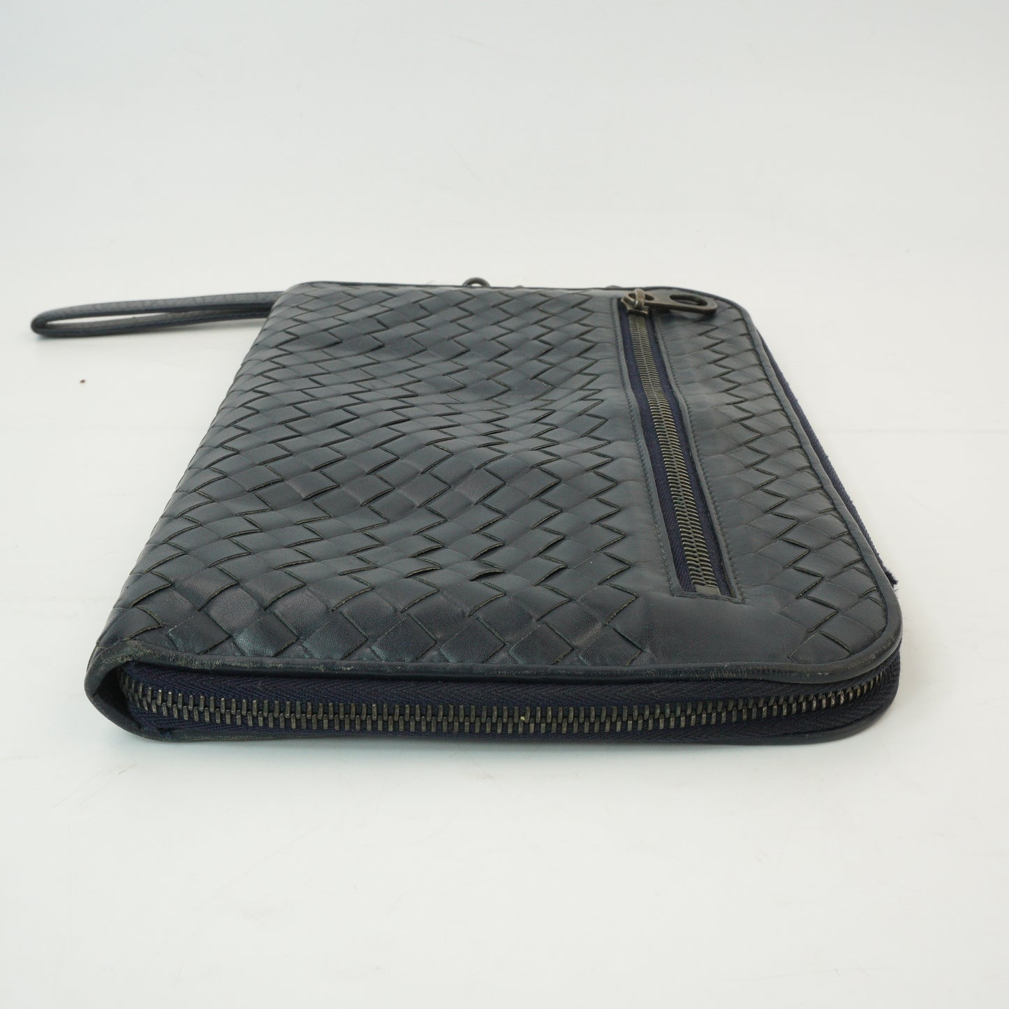 Bottega Veneta Intercciato Zip Clutch Dark Blue SHW  Medium