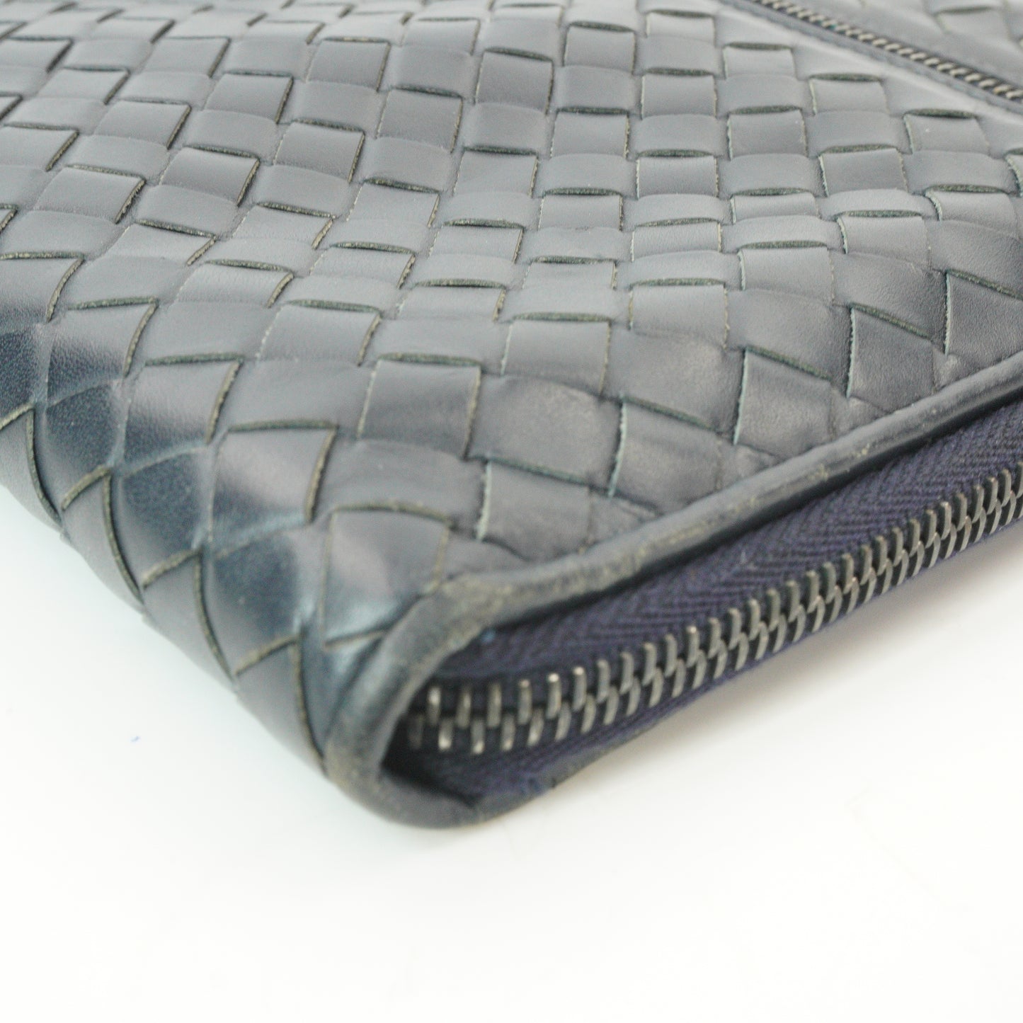 Bottega Veneta Intercciato Zip Clutch Dark Blue SHW  Medium