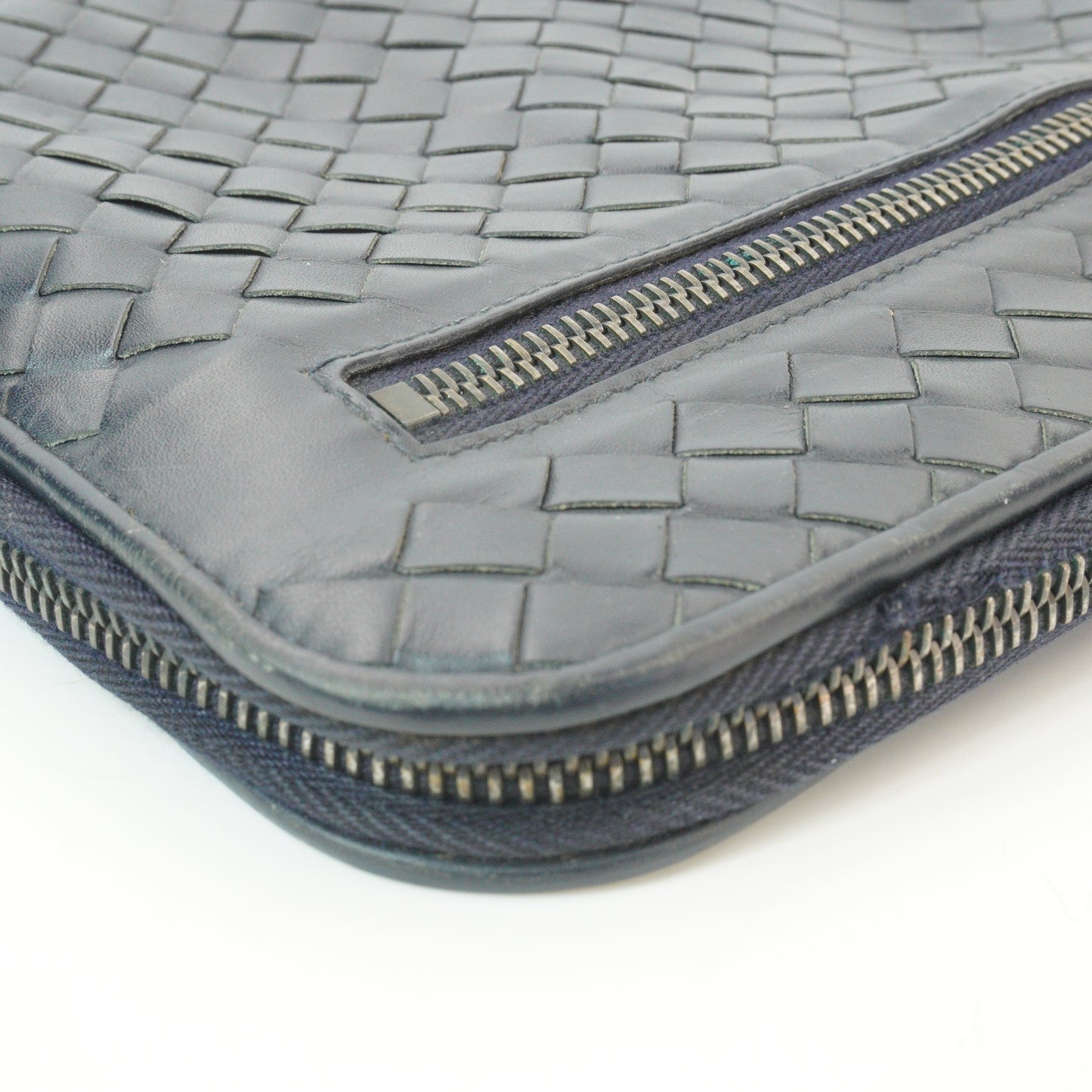 Bottega Veneta Intercciato Zip Clutch Dark Blue SHW  Medium