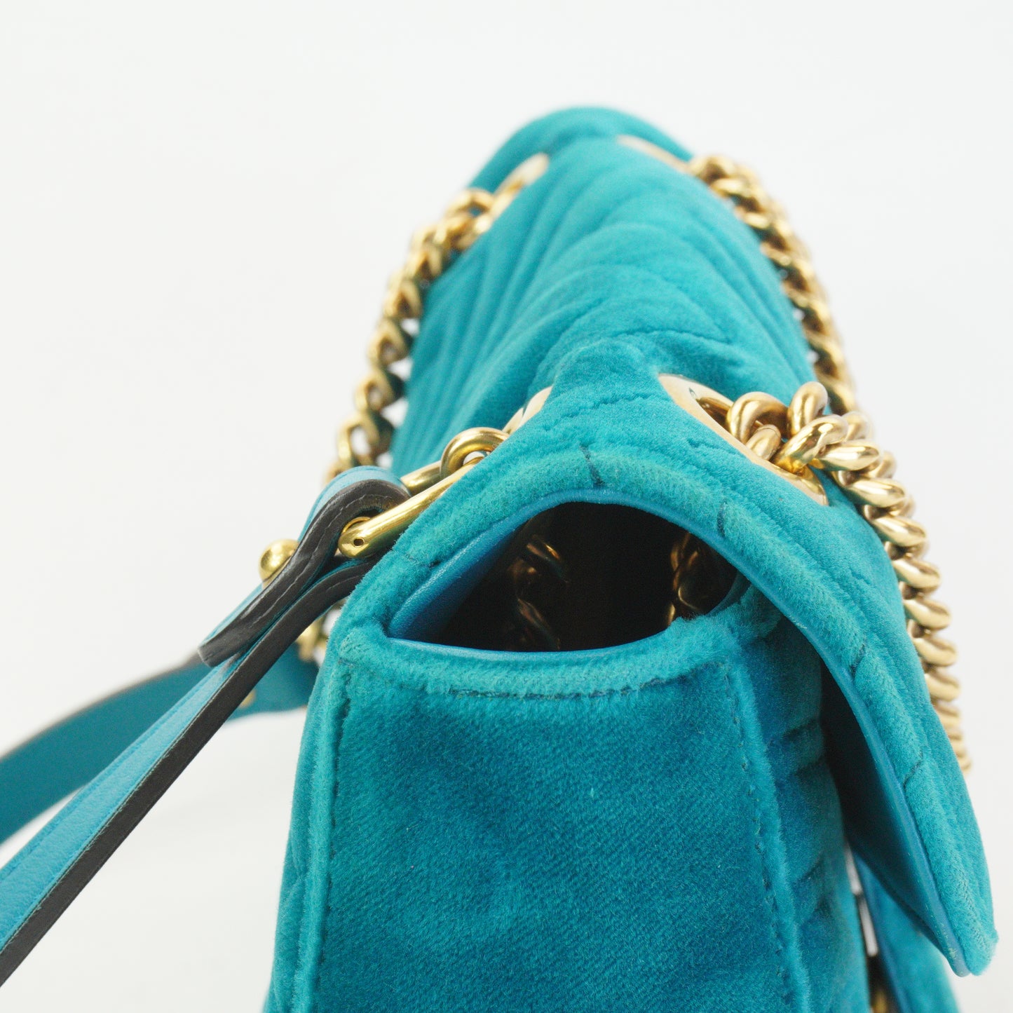 Gucci GG Marmont Matelasse Velvet Shoulder Bag Petrol Blue  GHW Small