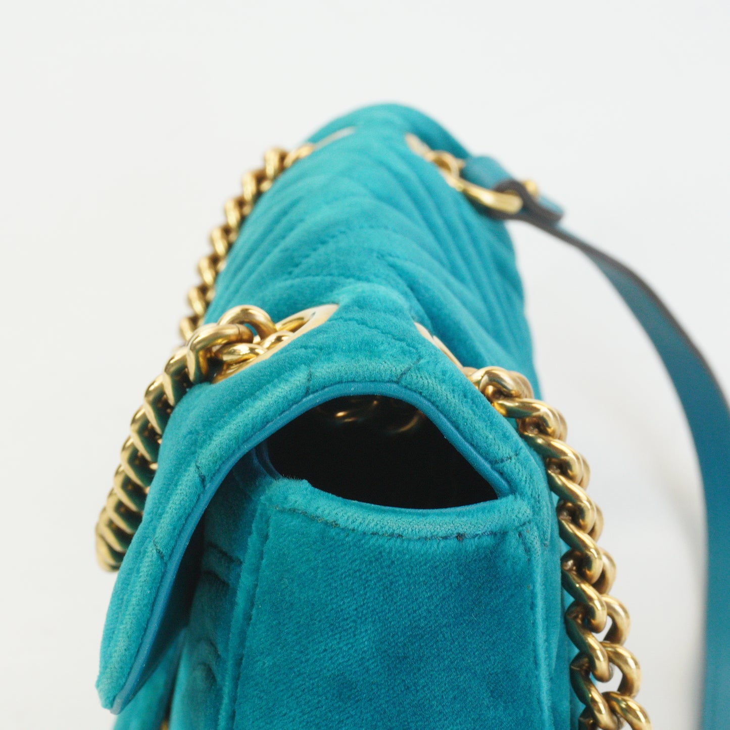 Gucci GG Marmont Matelasse Velvet Shoulder Bag Petrol Blue  GHW Small