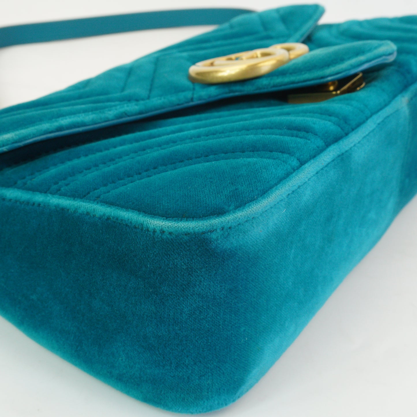 Gucci GG Marmont Matelasse Velvet Shoulder Bag Petrol Blue  GHW Small