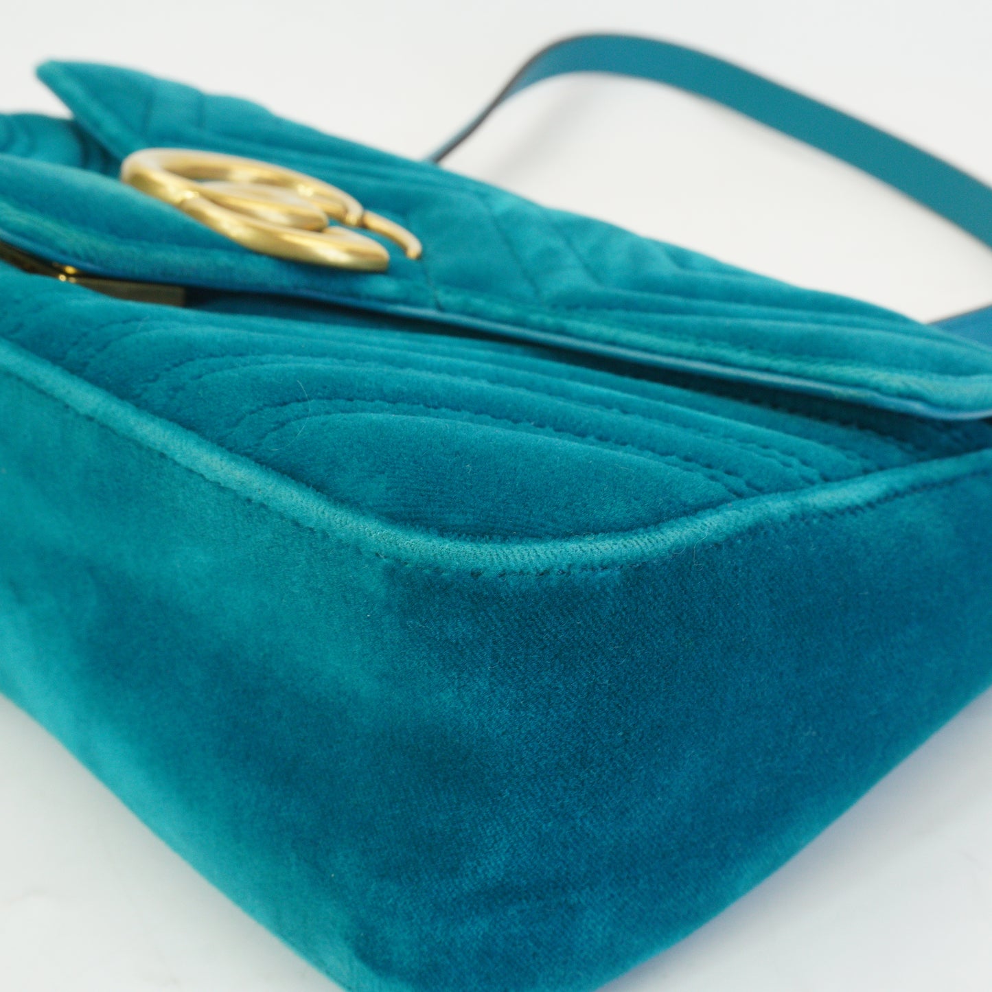 Gucci GG Marmont Matelasse Velvet Shoulder Bag Petrol Blue  GHW Small
