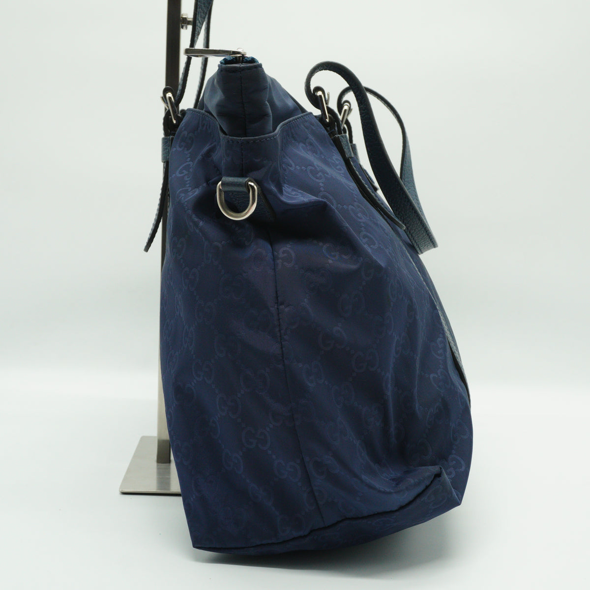 Gucci	GG Nylon 2-Way Satchel Large Blue Tote SHW