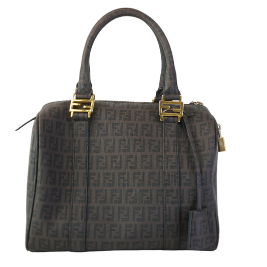Fendi Boston Bag -Noccino Zucchino Spalmati Coated Canvass Forever Bauletto, gold harware w/lock and key