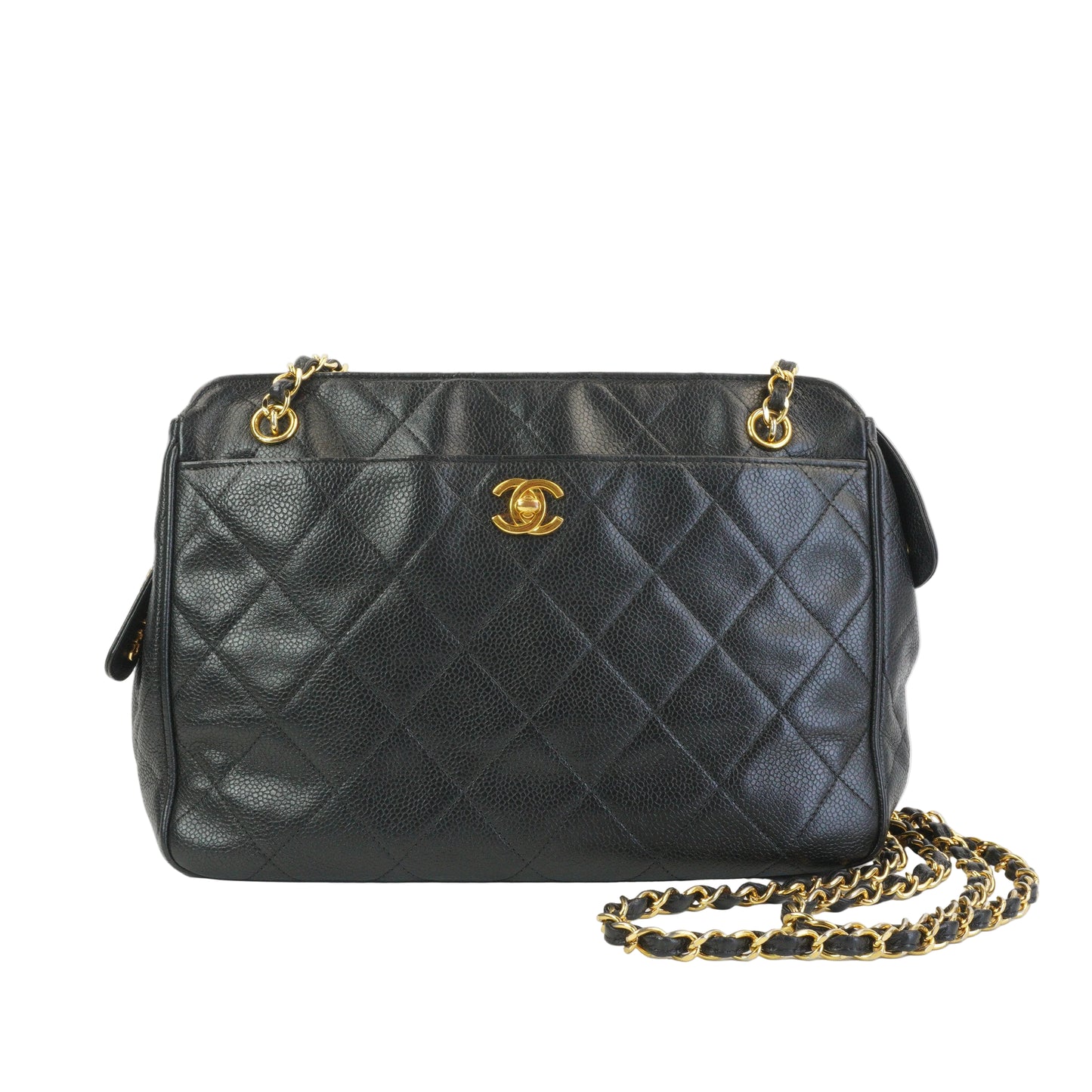 Chanel CC Caviar Front Pocket Shoulder Bag Black GHW Medium