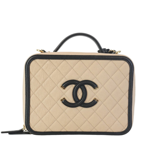 Chanel Quilted Beige Caviar Filigree Vanity Case