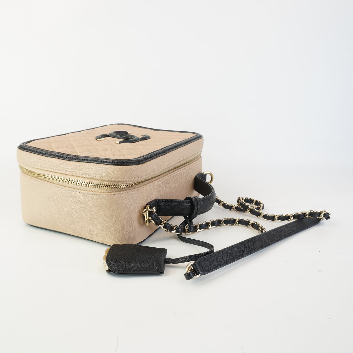 Chanel Quilted Beige Caviar Filigree Vanity Case