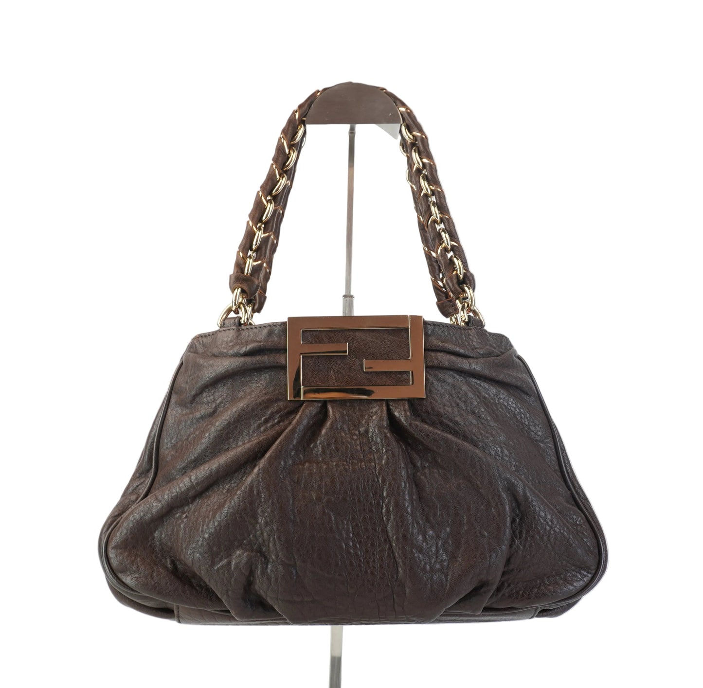 Fendi Mia Brown Grained Leather with pale fold hardware small