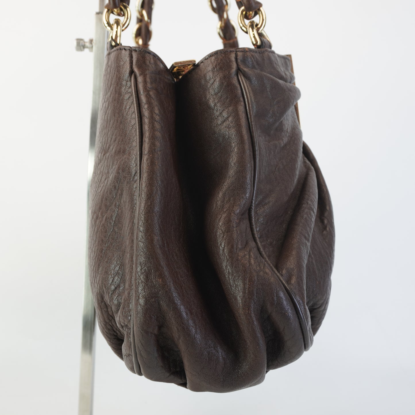 Fendi Mia Brown Grained Leather with pale fold hardware small