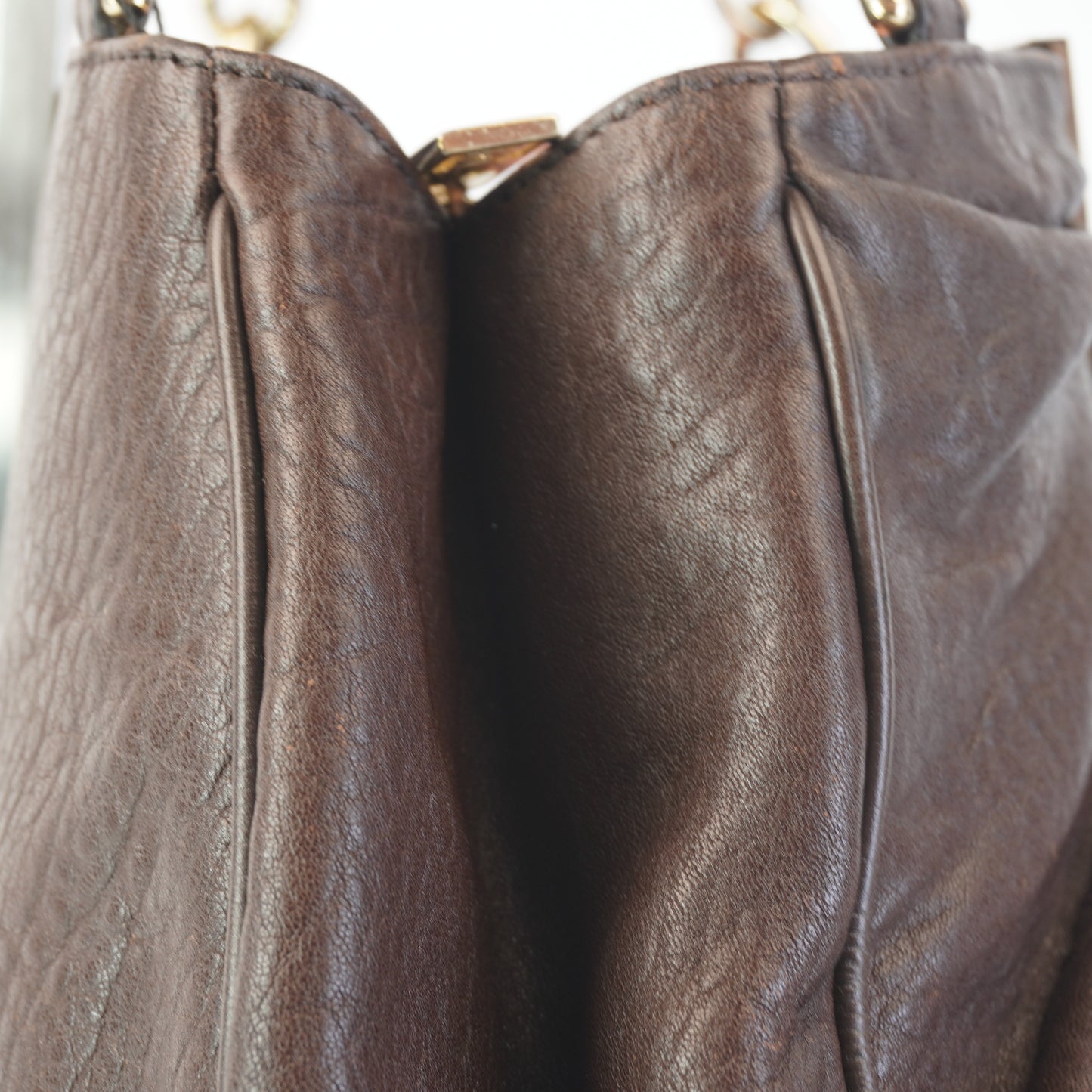 Fendi Mia Brown Grained Leather with pale fold hardware small