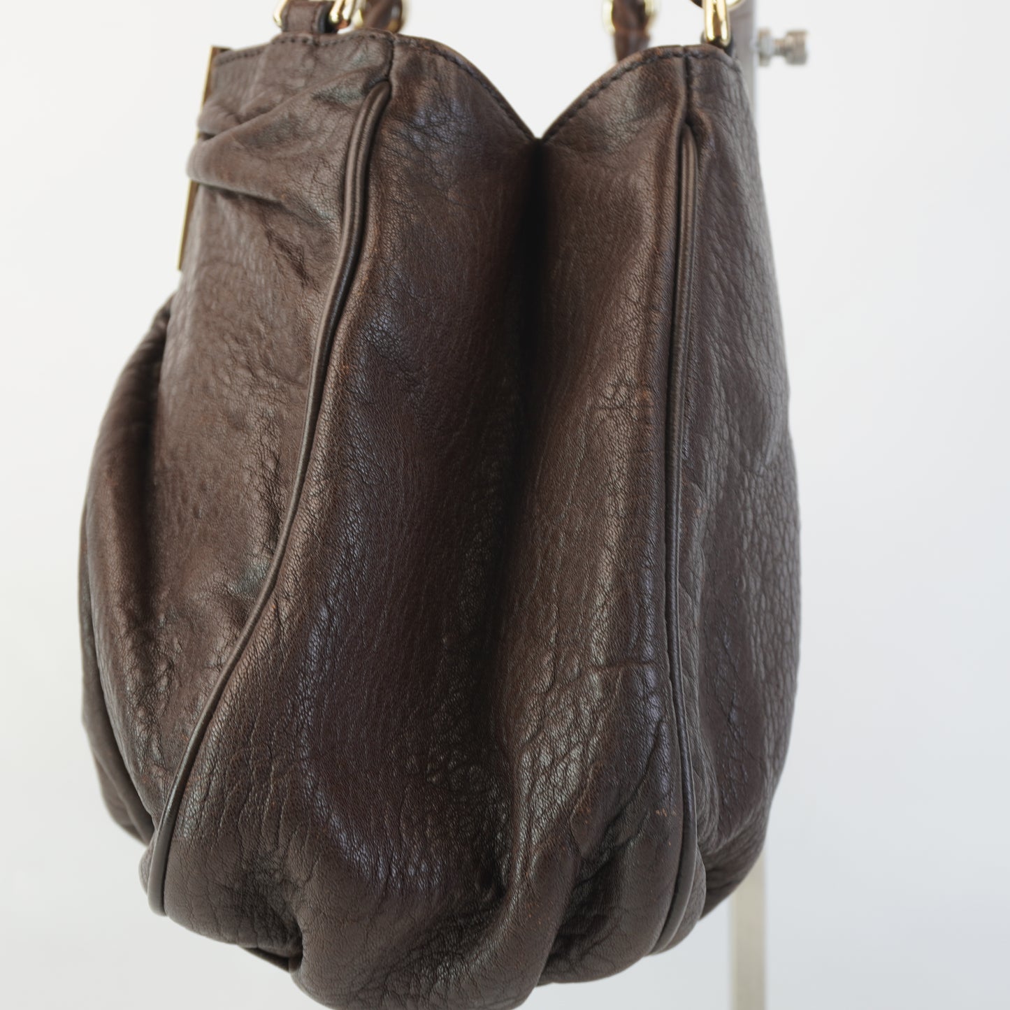 Fendi Mia Brown Grained Leather with pale fold hardware small