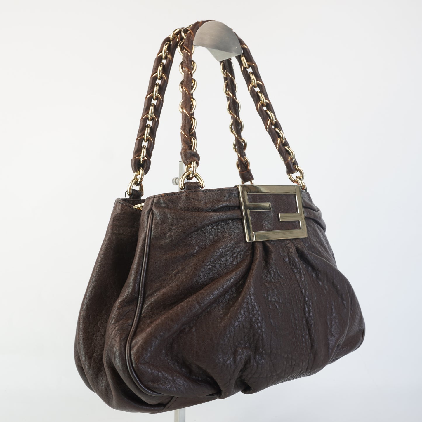 Fendi Mia Brown Grained Leather with pale fold hardware small