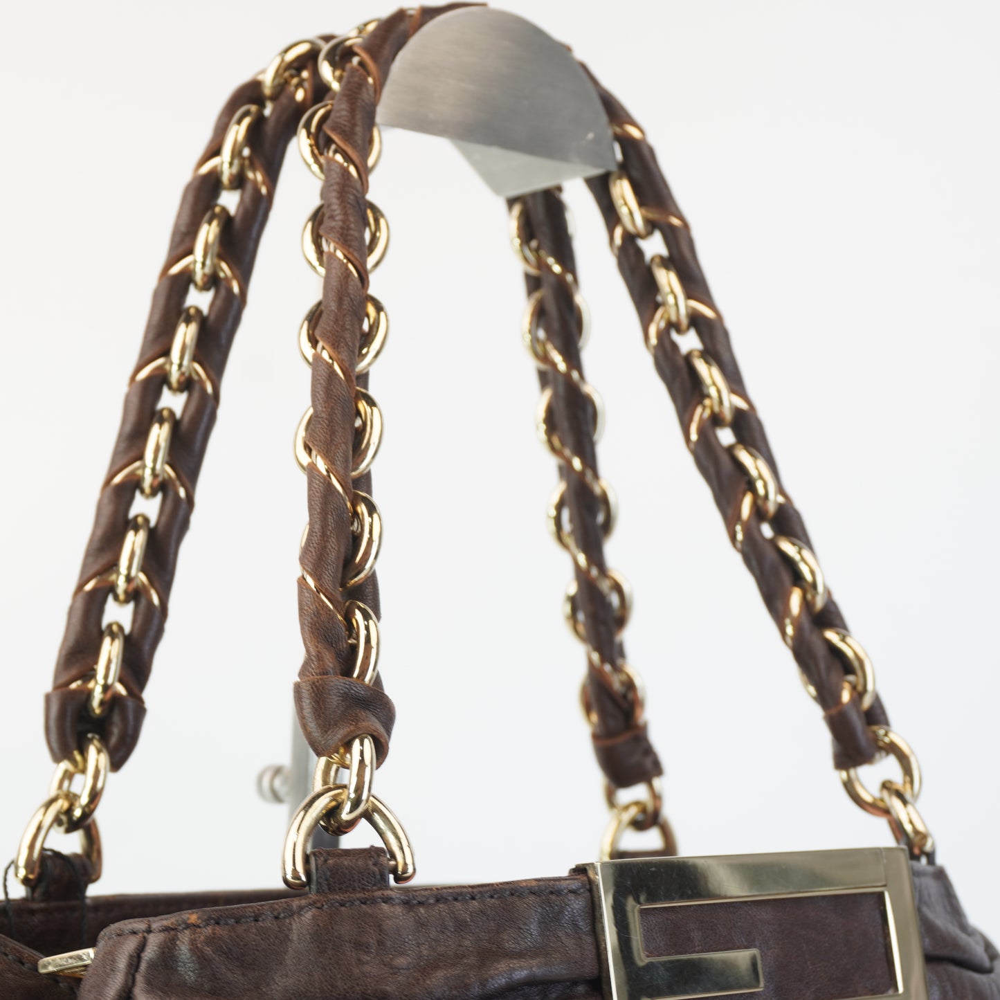 Fendi Mia Brown Grained Leather with pale fold hardware small