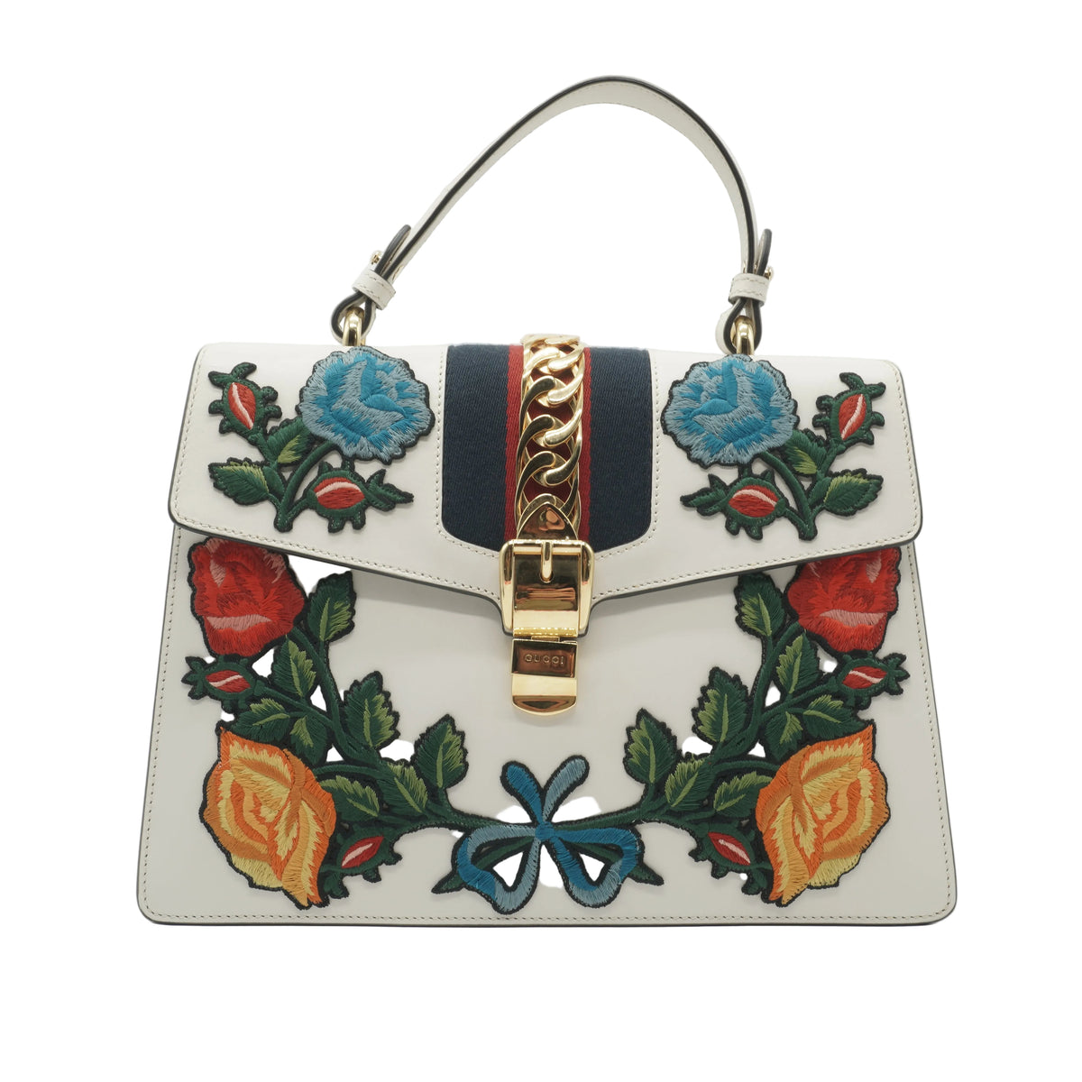 Gucci	White Smooth Calfskin Leather Floral Embroidered Medium Sylvie Top-Handle Bag GHW