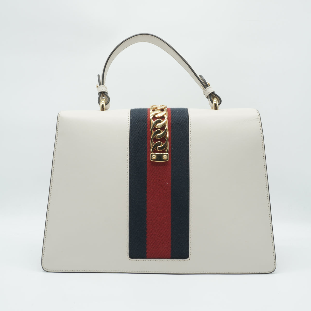 Gucci	White Smooth Calfskin Leather Floral Embroidered Medium Sylvie Top-Handle Bag GHW