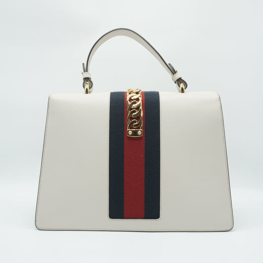 Gucci	White Smooth Calfskin Leather Floral Embroidered Medium Sylvie Top-Handle Bag GHW