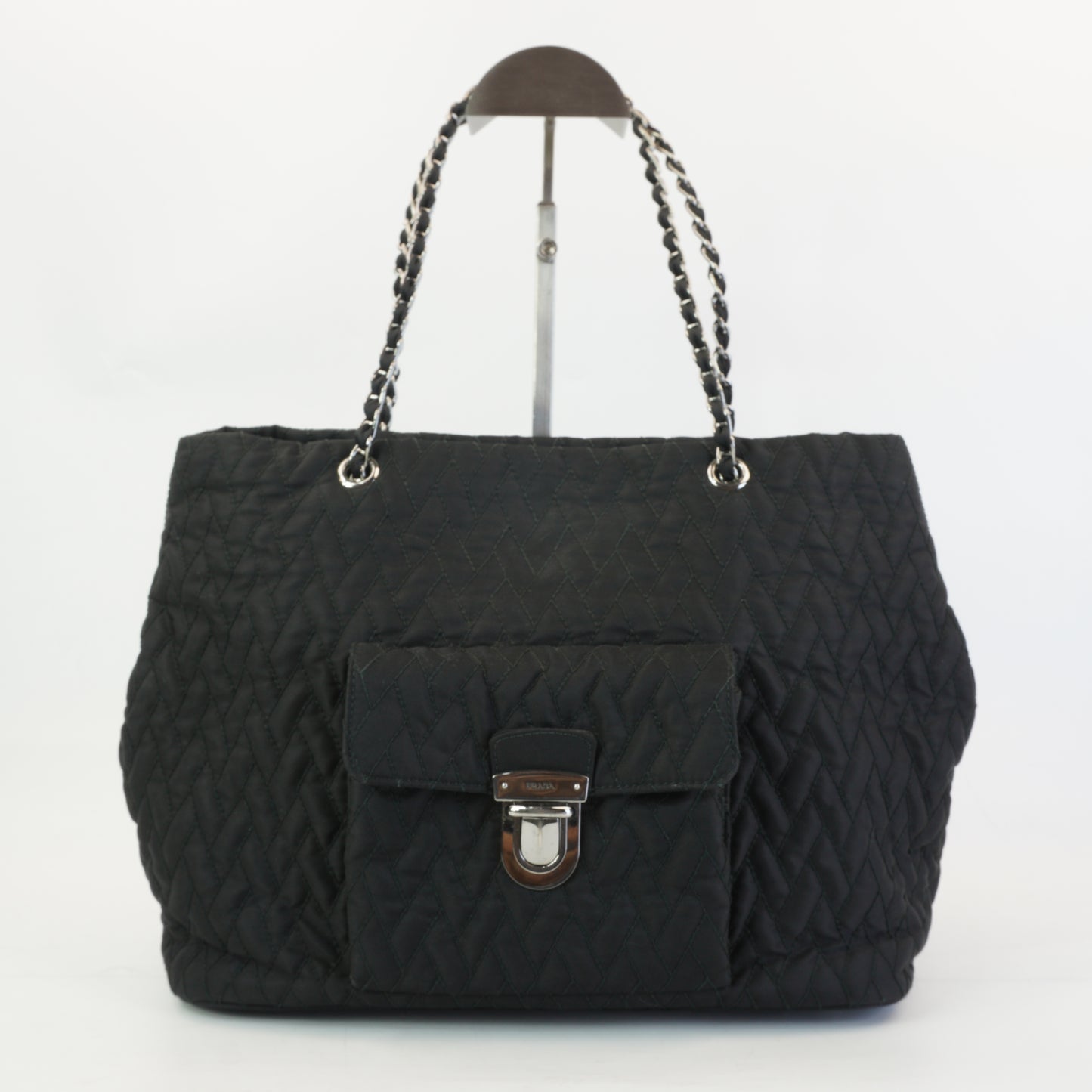 Prada Tessuto Impunto Quilted Chain Tote Bag Black SHW Medium