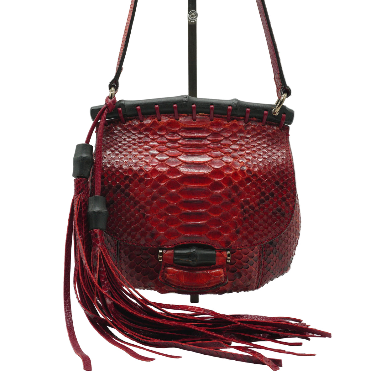 Gucci	Small Nouveau Python Fringe Bamboo Flap Shoulder Bag in Cherry Red Python