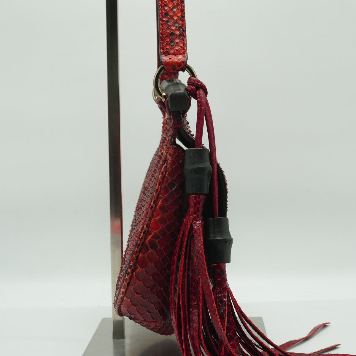 Gucci	Small Nouveau Python Fringe Bamboo Flap Shoulder Bag in Cherry Red Python