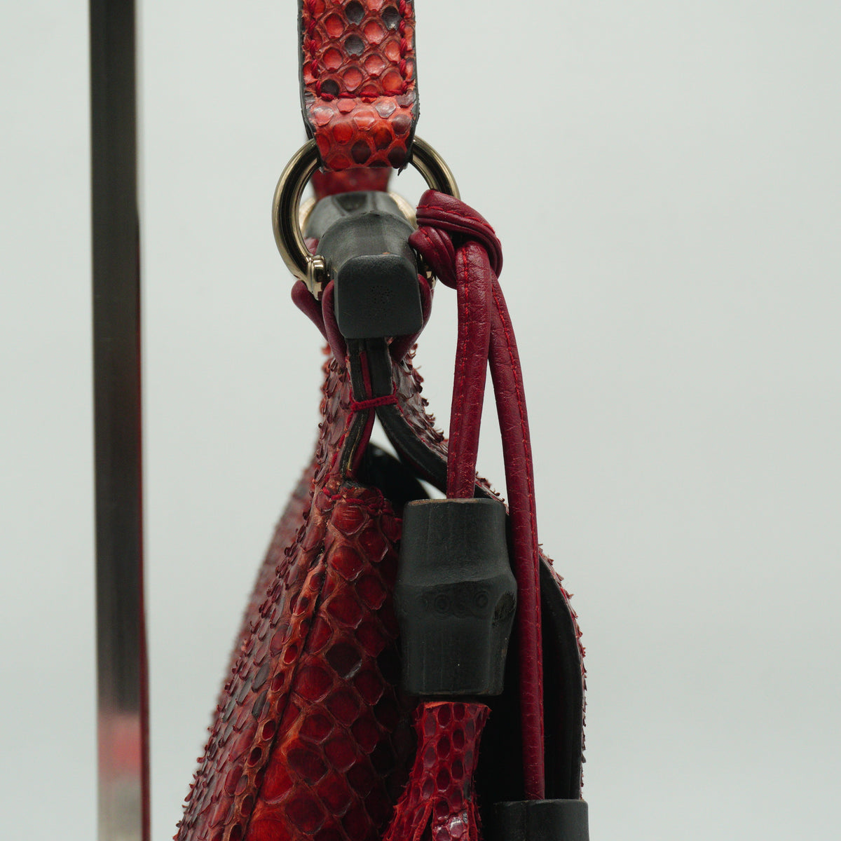 Gucci	Small Nouveau Python Fringe Bamboo Flap Shoulder Bag in Cherry Red Python