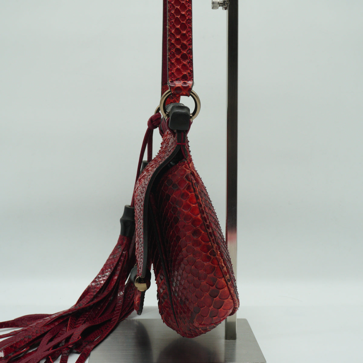 Gucci	Small Nouveau Python Fringe Bamboo Flap Shoulder Bag in Cherry Red Python