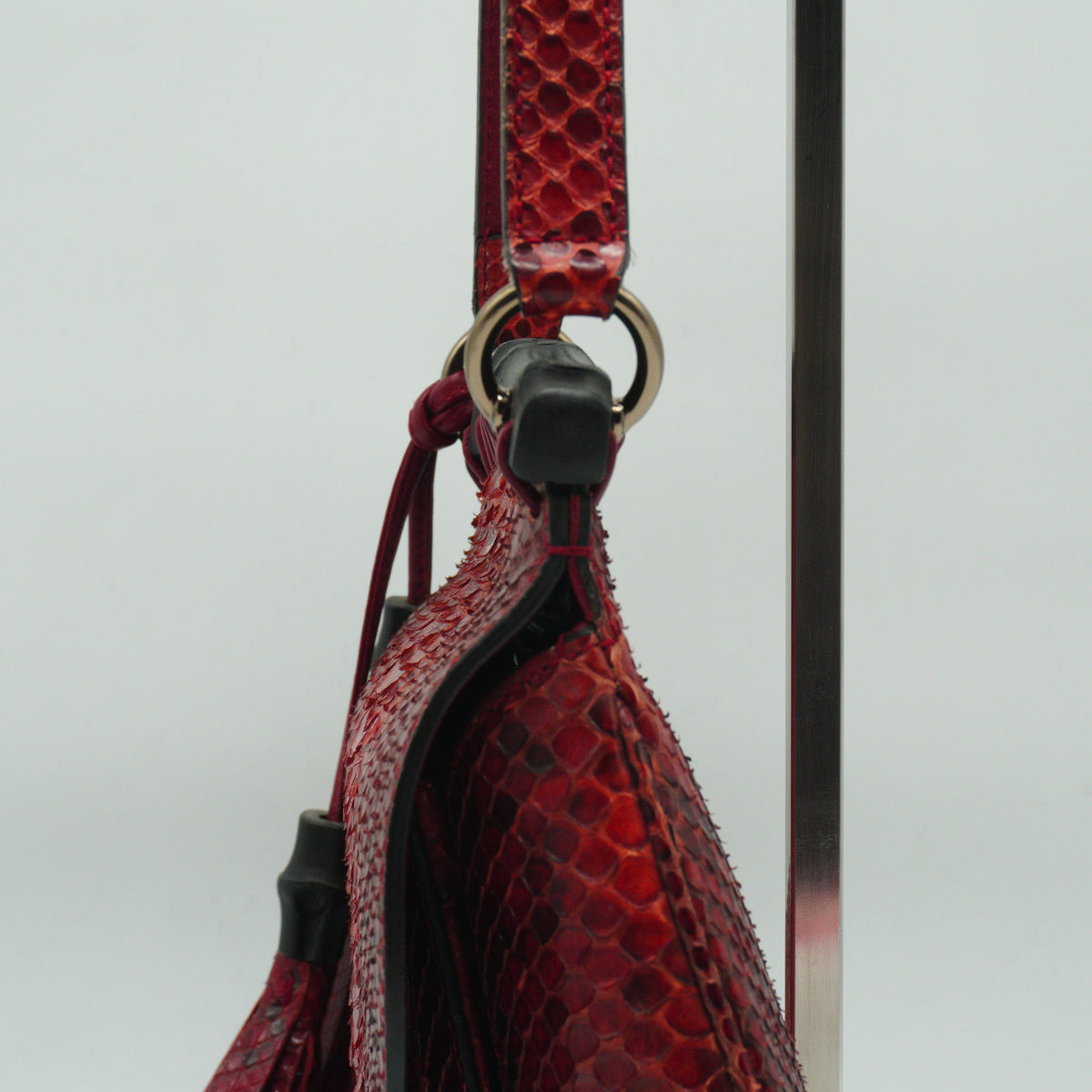Gucci	Small Nouveau Python Fringe Bamboo Flap Shoulder Bag in Cherry Red Python