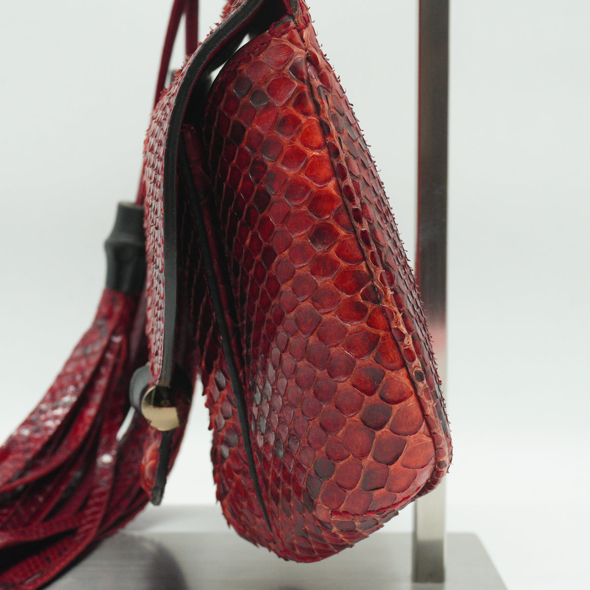 Gucci	Small Nouveau Python Fringe Bamboo Flap Shoulder Bag in Cherry Red Python