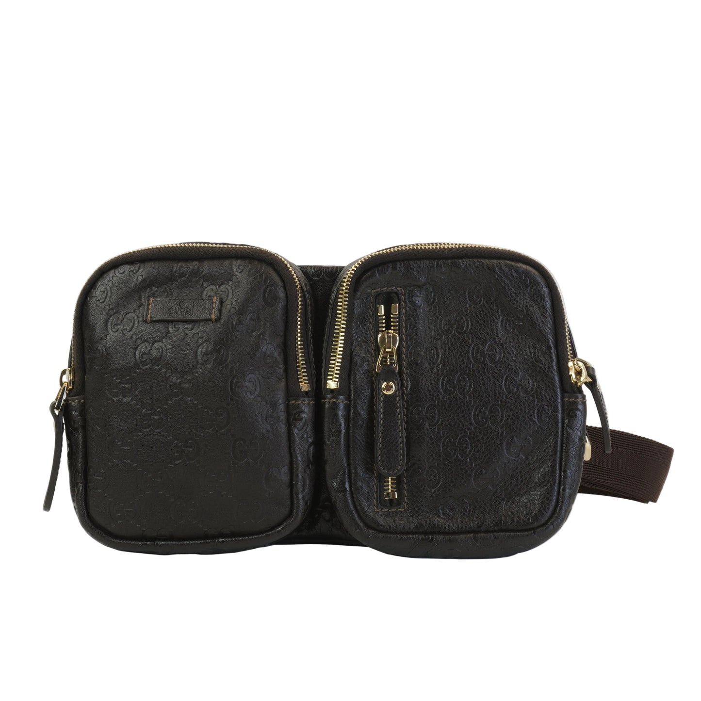 Gucci Guccissima Double Zip Pocket Belt Bag Dark Brown GHW