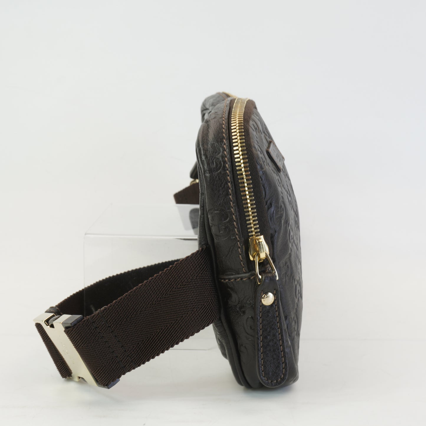 Gucci Guccissima Double Zip Pocket Belt Bag Dark Brown GHW