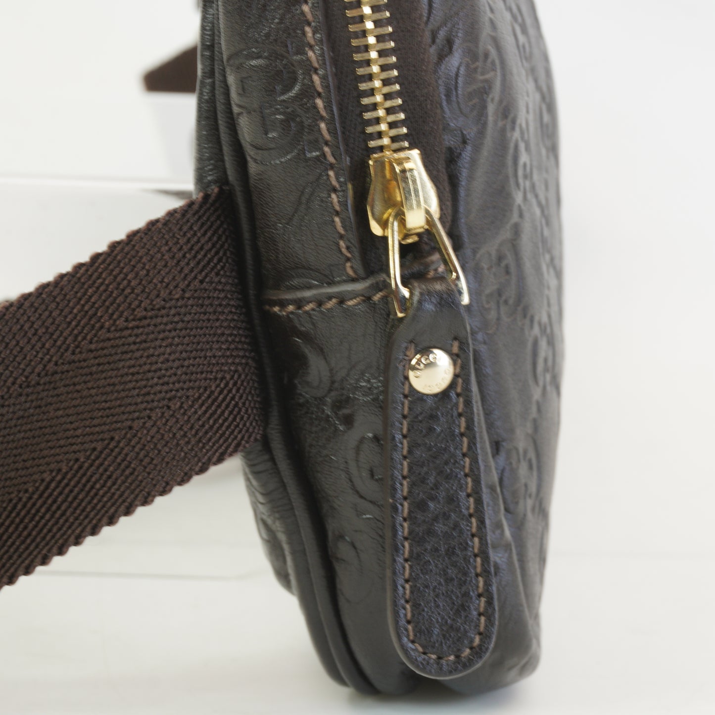 Gucci Guccissima Double Zip Pocket Belt Bag Dark Brown GHW