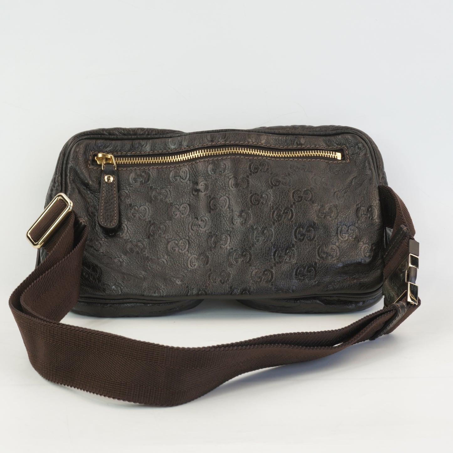 Gucci Guccissima Double Zip Pocket Belt Bag Dark Brown GHW