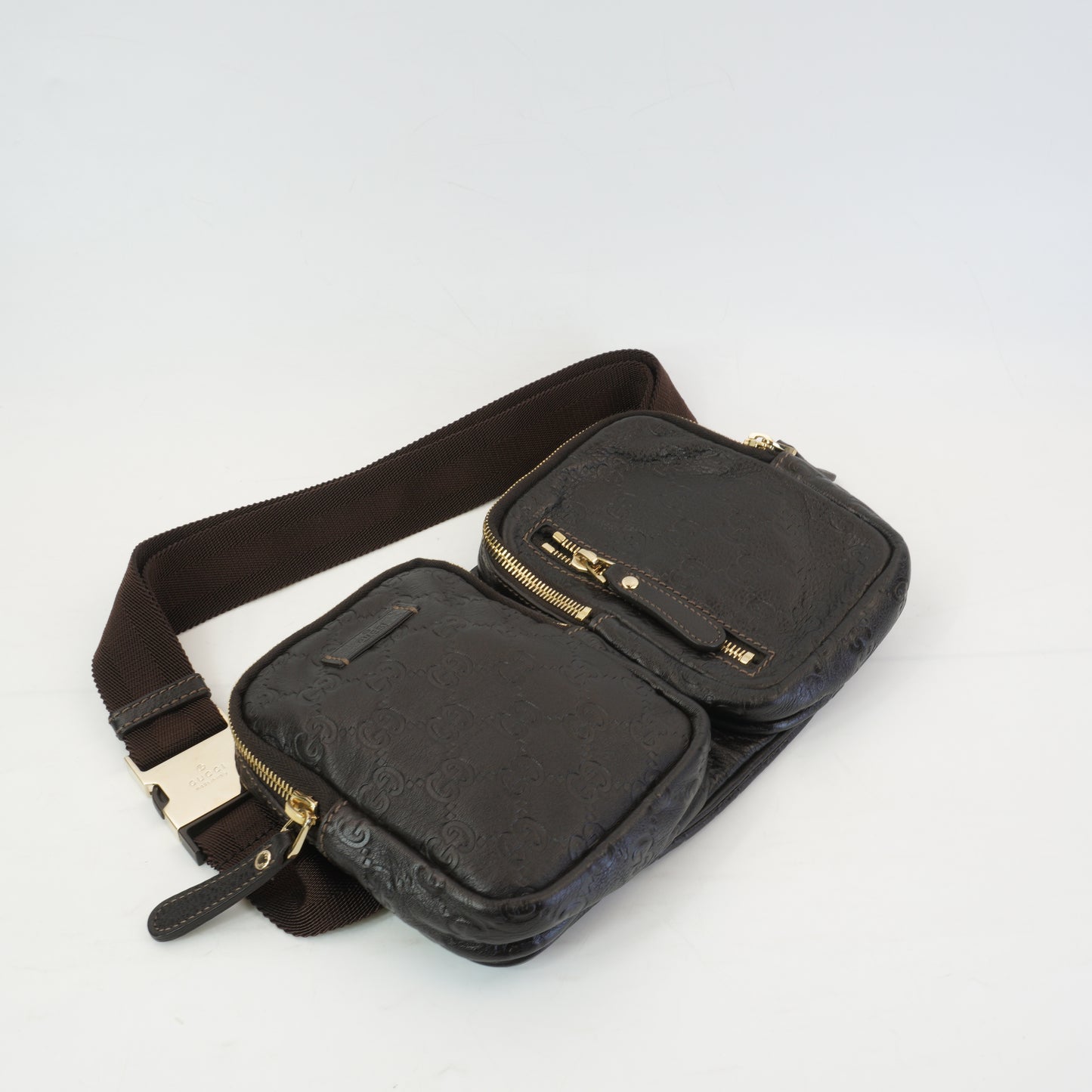Gucci Guccissima Double Zip Pocket Belt Bag Dark Brown GHW