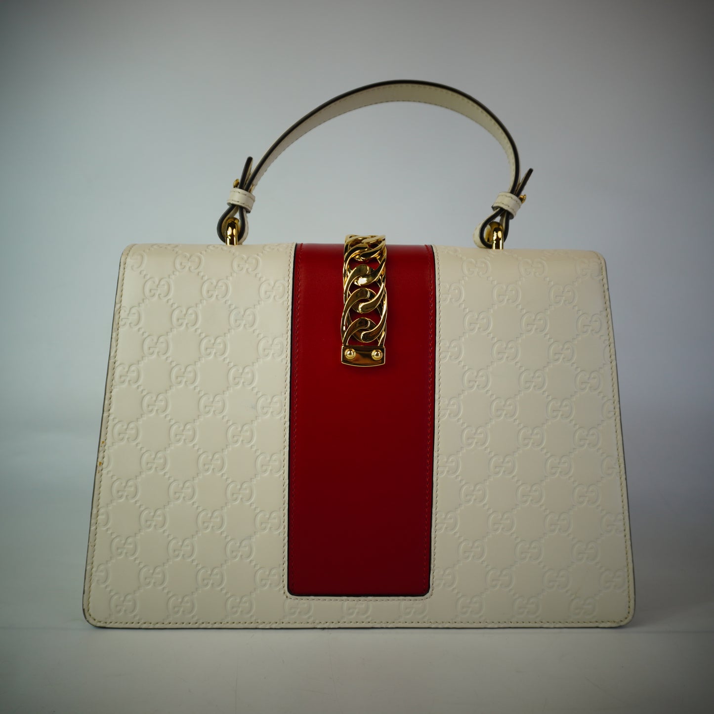 Gucci Sylvie White Signature Leather top Handle Stchel White/Red GHW