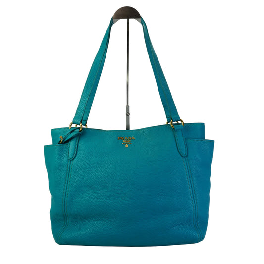 Prada Vitallo Daino Slide Pocket Tote Bag in Blue Medium GHW