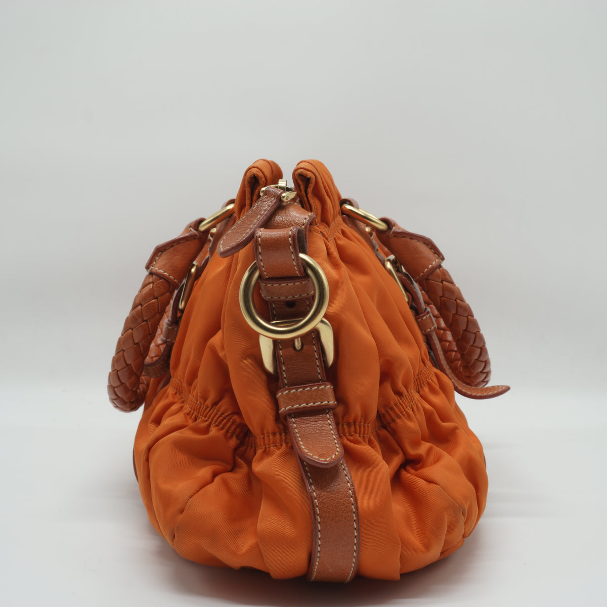 Prada	Tessuto Gaufre Convertible Satchel Orange Medium GHW