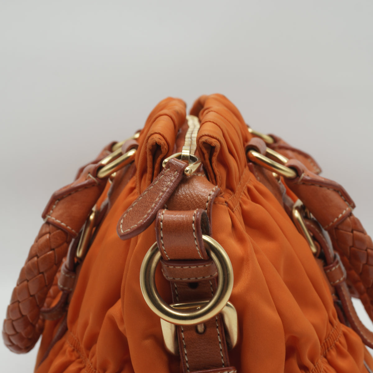 Prada	Tessuto Gaufre Convertible Satchel Orange Medium GHW