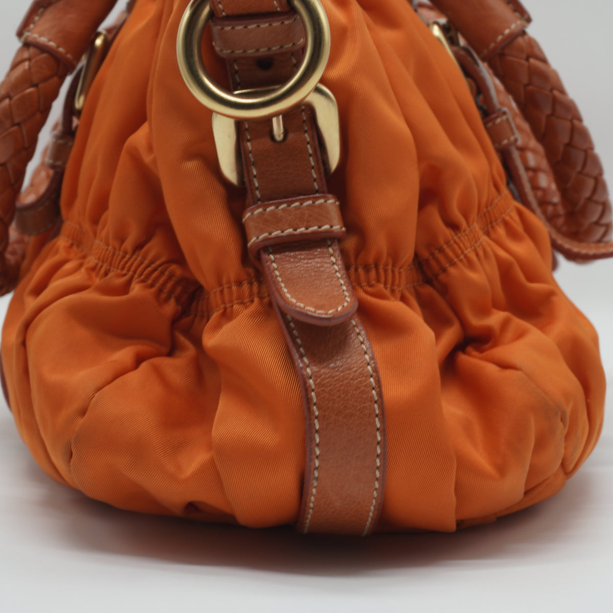 Prada	Tessuto Gaufre Convertible Satchel Orange Medium GHW