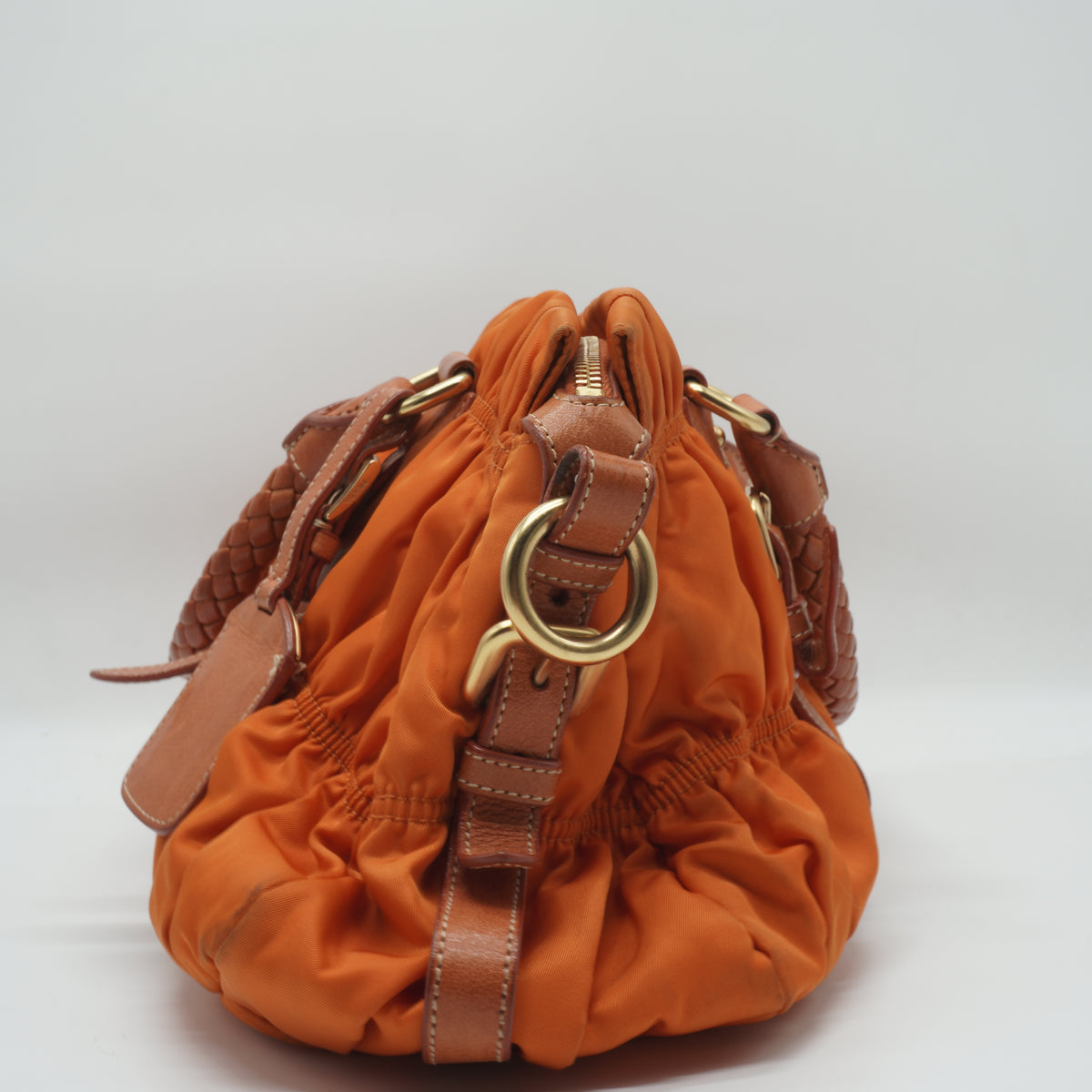 Prada	Tessuto Gaufre Convertible Satchel Orange Medium GHW