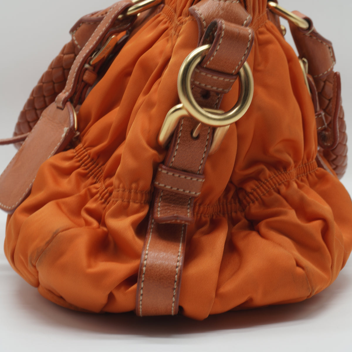 Prada	Tessuto Gaufre Convertible Satchel Orange Medium GHW