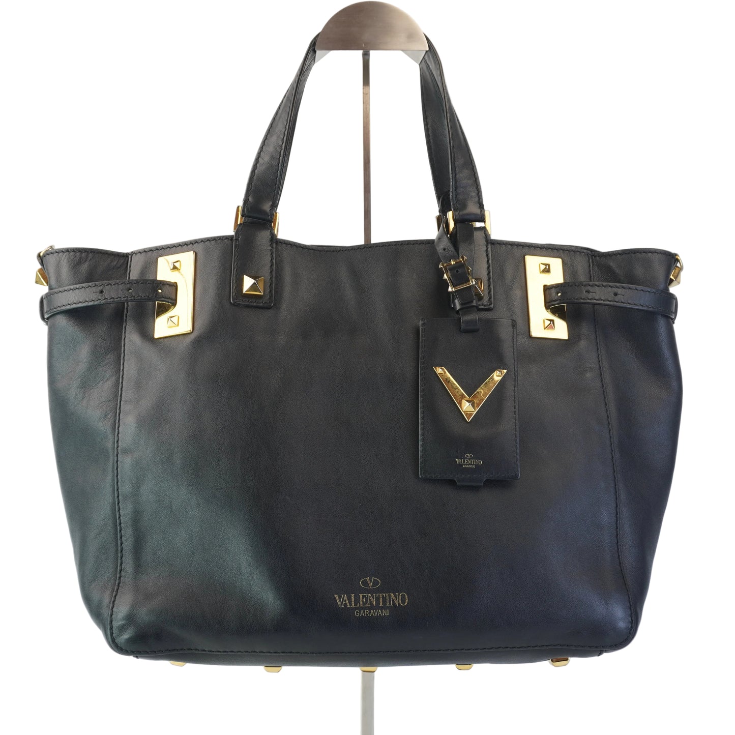 Valentino Black Leather Tote with big gold studs and bag tag