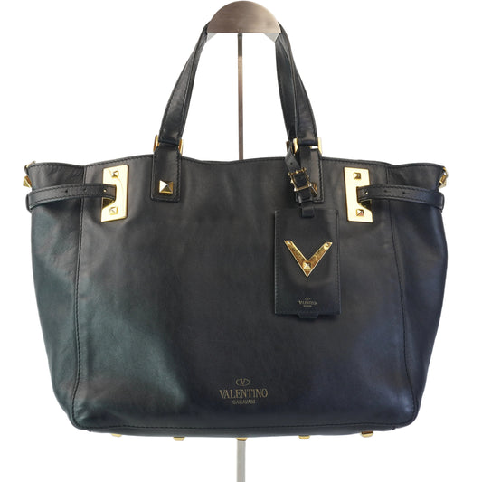 Valentino Black Leather Tote with big gold studs and bag tag