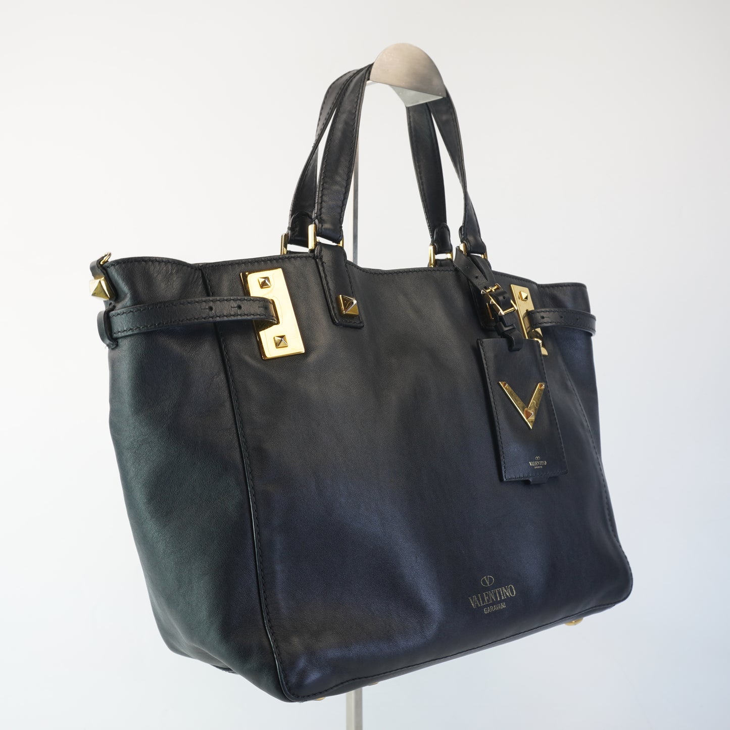 Valentino Black Leather Tote with big gold studs and bag tag