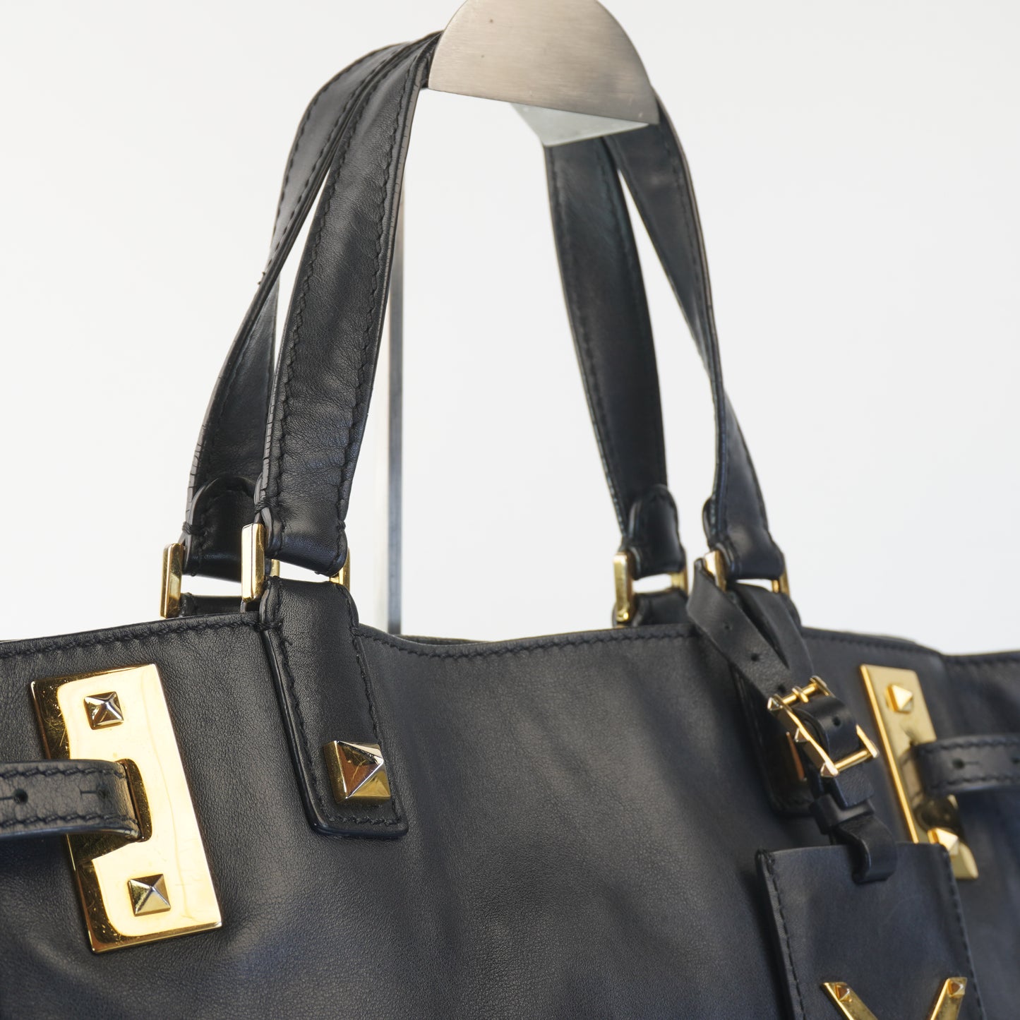 Valentino Black Leather Tote with big gold studs and bag tag