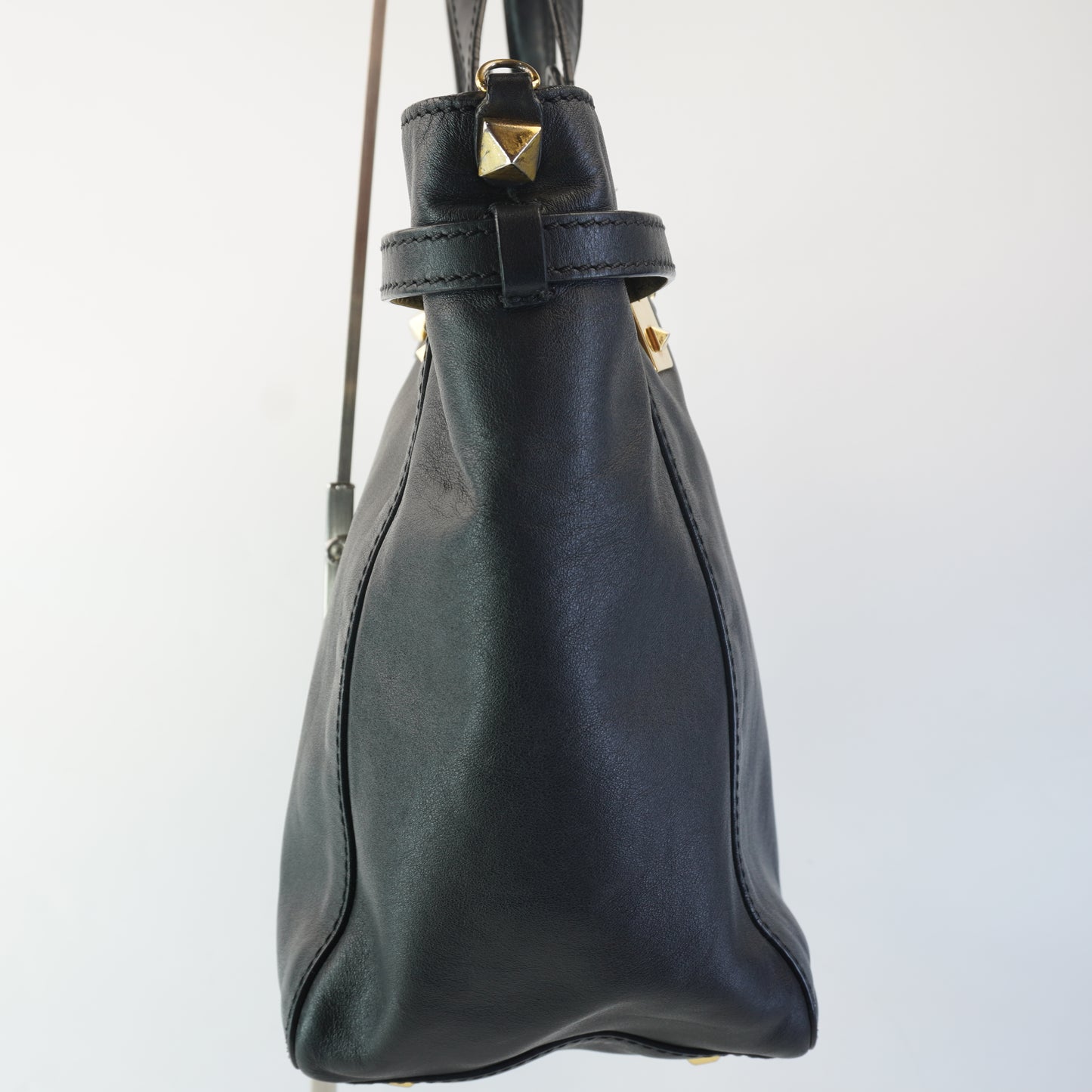 Valentino Black Leather Tote with big gold studs and bag tag