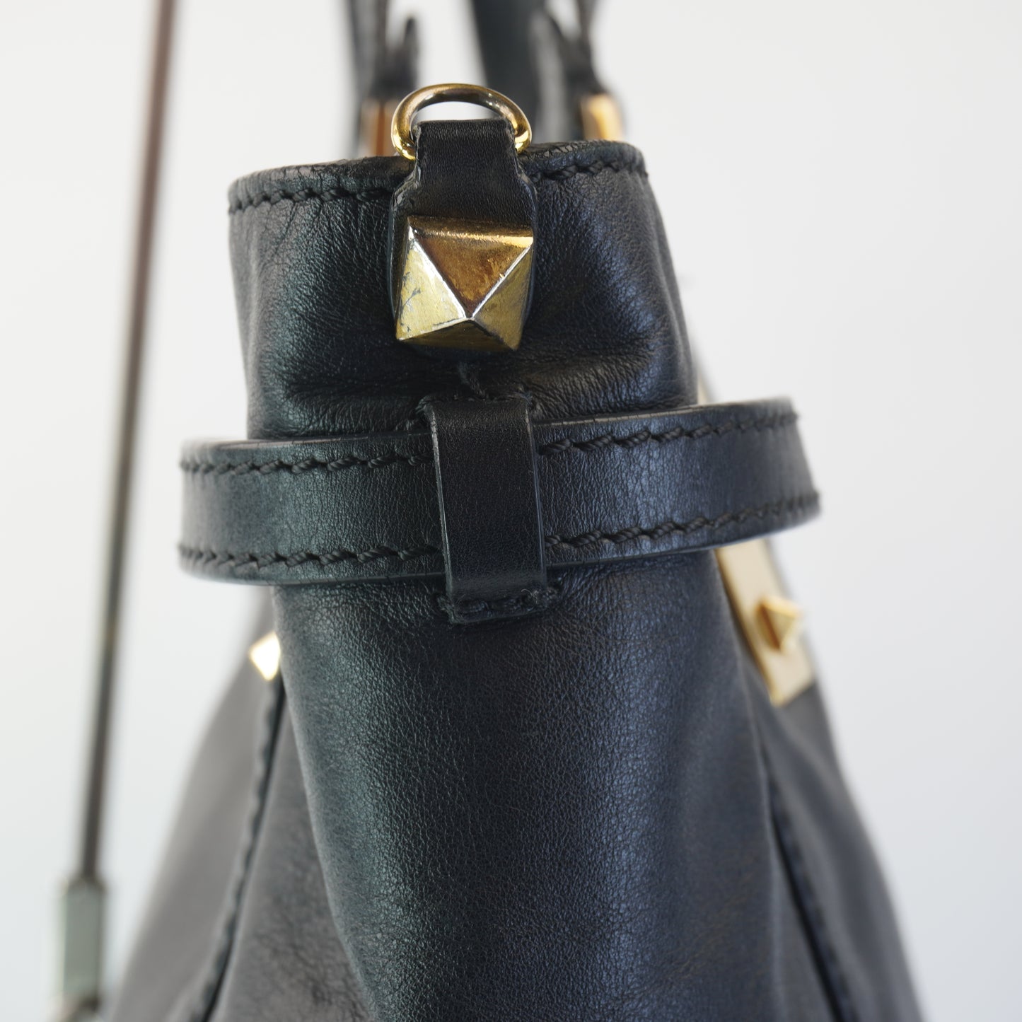 Valentino Black Leather Tote with big gold studs and bag tag