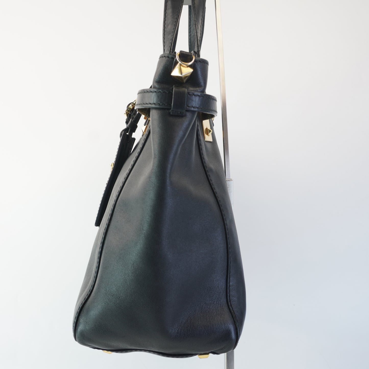 Valentino Black Leather Tote with big gold studs and bag tag