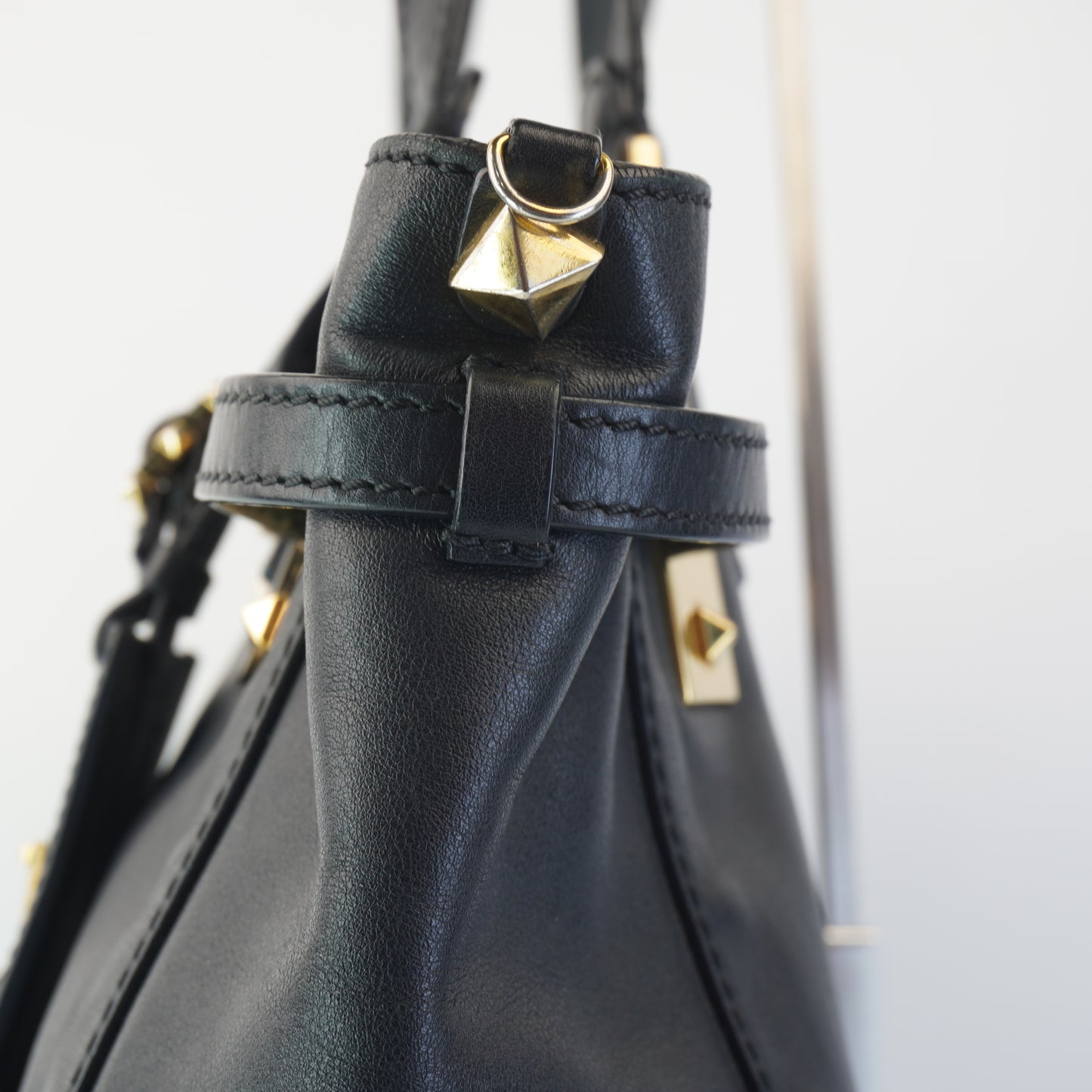 Valentino Black Leather Tote with big gold studs and bag tag