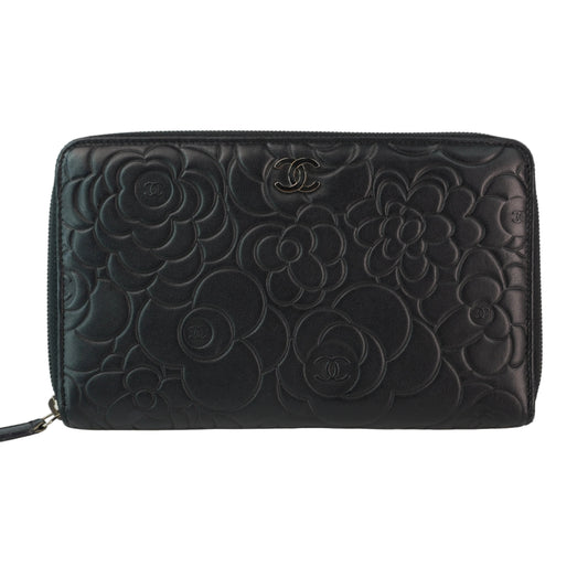 Chanel Camellia Embossed Wallet Black
