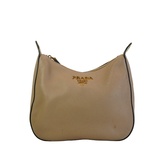 Prada 1BC166 Vitello Daino Stripped Strap Zip Hobo Beige Medium GHW